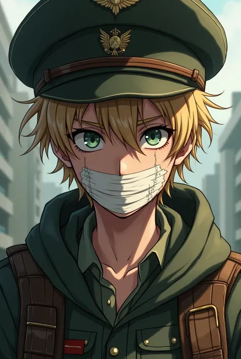 Create me a man with dirty blond hair, green eyes, white human skin tone, with plaster on jaw, he life during ww2, wearing war civil clothes in  anime style around 22 y.o, wearing hat looking traumaised