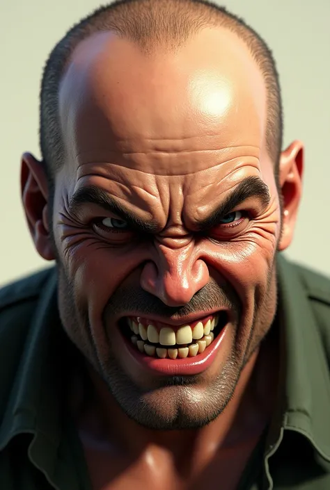 make this man almost bald with a very angry smile parecendo o trevor do gta 5
