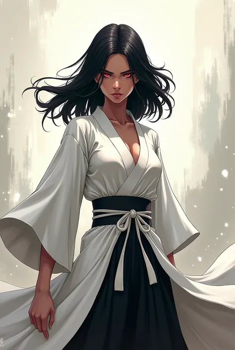 melanated, adult woman, shoulder length black hair, red eyes, warrior, white jacket black sash white hakama black tabi and white zōri, bleach, anime cartoon