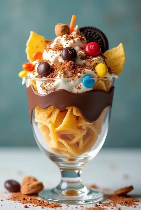  Pasta chip ,  in a transparent glass ,  sprinkled with chocolate toppings and condensed milk 
 with pirullin toppings, m&m, oreo, flips 