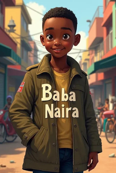 African boy wear coat written baba naira