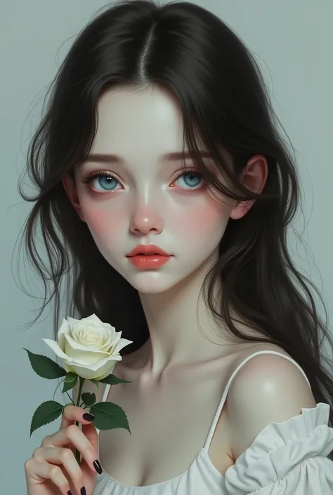 Dark-brown-haired girl , blue eyes, pale skin with a dress and a rose on her white hand 