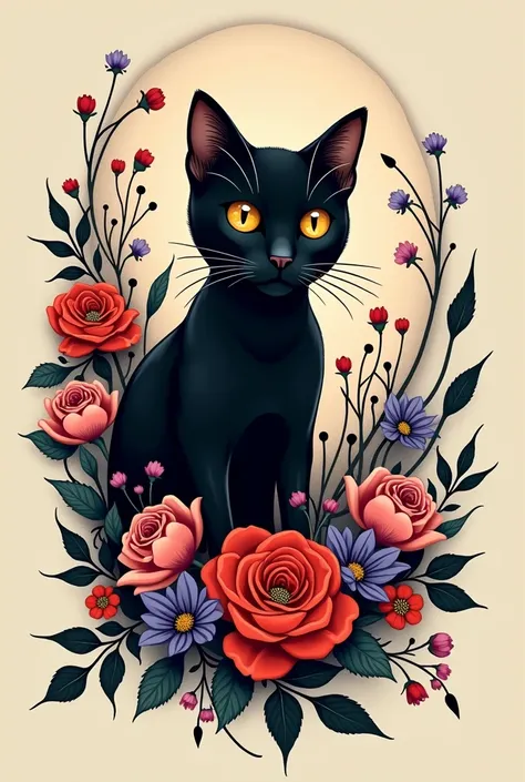 Black cat tattoo surrounded by flowers 