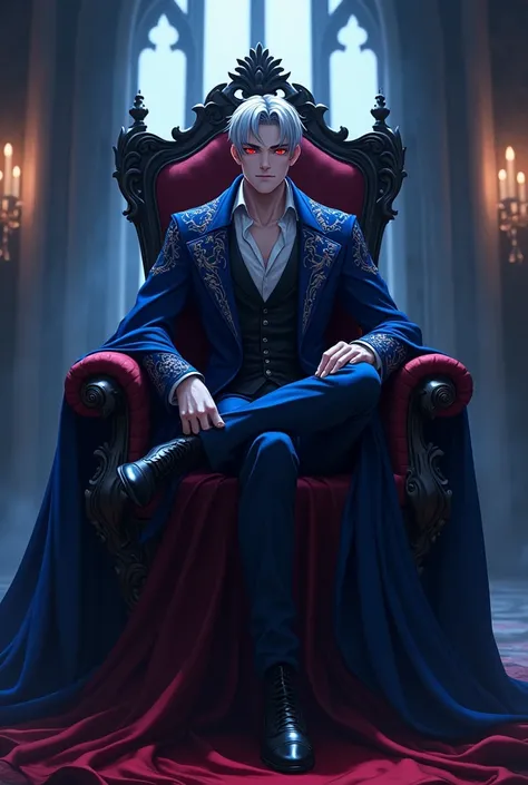 Adult male vampire lord ,anime designe, sexy lord clothes in the color blue and black,short gray hair,  sitting on a dark throne in a castle at night,sexy red eyes, crossing his legs , Controlling blood with your hands, smiling sensually 