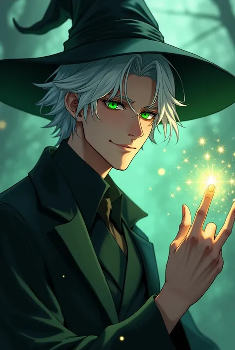 Semi-realistic image, ultra-detailed, pixel perfect, high resolution, best quality, beautiful finely detailed eyes), male, wizard, full of magical aura, smiling facial expression, striking green eye color (bright green eyes), short hair, white hair, middle...