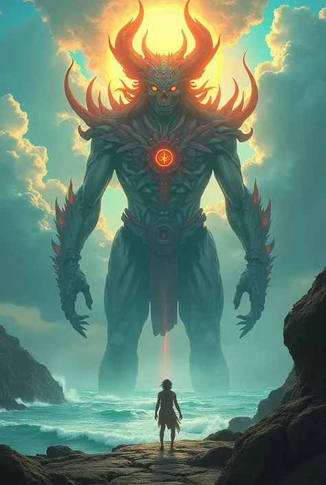 A giant boss from an electronic game inspired by a spooky Sun King set against the backdrop of the Caribbean Sea.