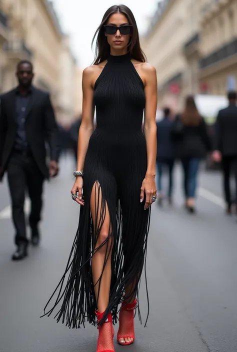 PARIS, FRANCE - MARCH 26: Emilie Joseph @in_fashionwetrust wears black sunglasses, a black body-con halter neck fringe dress from Sandro Paris, silver rings, red mesh / fishnet with laces ankles heels sandals from Bottega Veneta, during a street style fash...