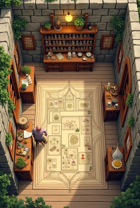 I want a plan of an apothecary with all its dimensions and where are the essentials for a drugstore