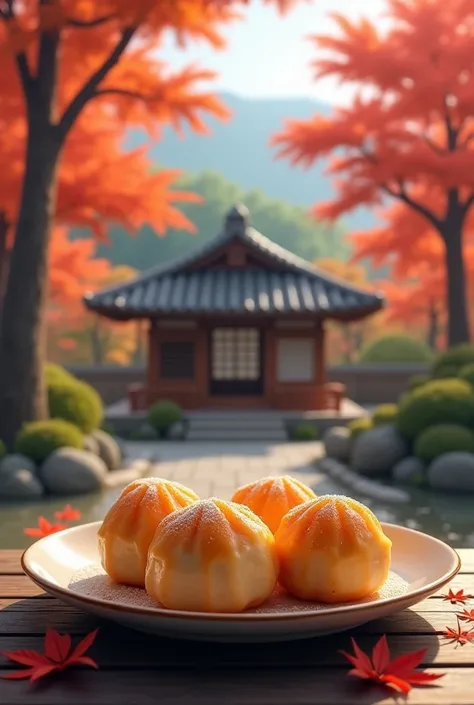 Kyoto、autumn leaves、Teahouse 、Please generate images with dango。