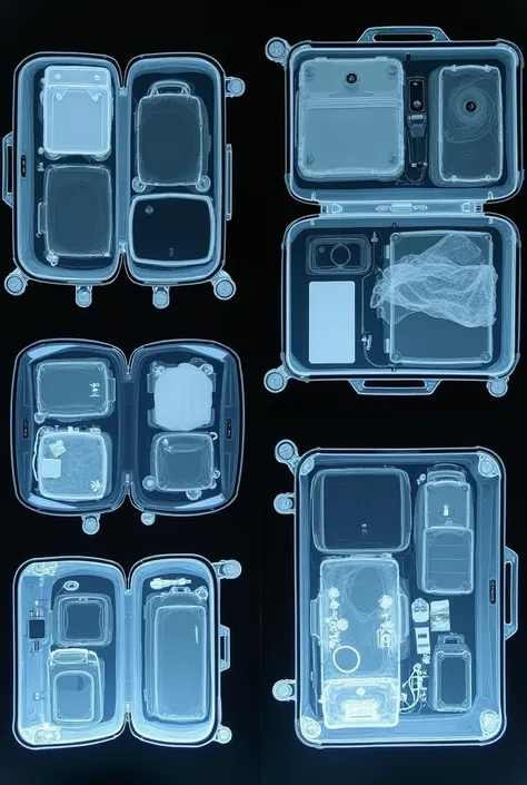 X-ray photos of several suitcases from an airport