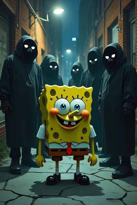 SpongeBob in an alley at night with mysterious people smoking a cigarette