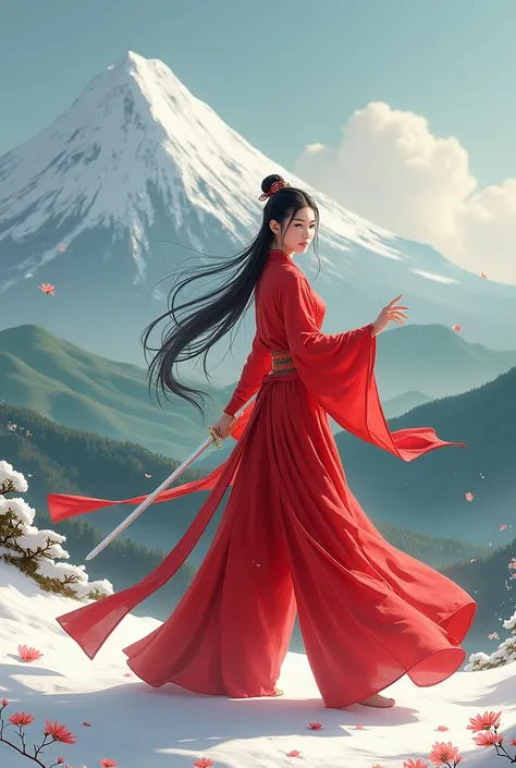 A beautiful Korean woman with long black hair and in pigtails wearing a kung fu outfit of red color .  Little little flower motif is running over a mountain of snow smiling while holding a long sword against the background of green grass da beautiful littl...