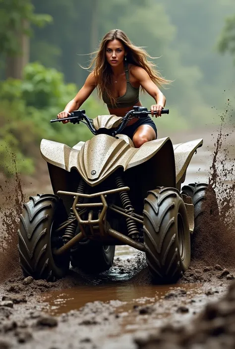 ATV on muddy terrain with a woman with long hair driving