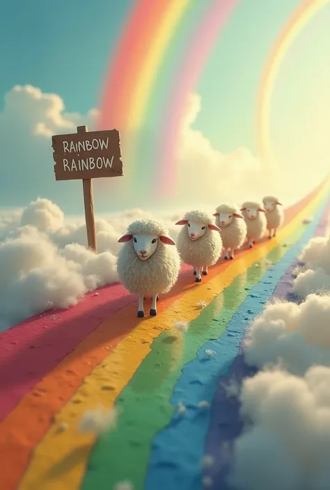 sheeps are walking on a rainbow. A sign says "rainbow closed ahead"