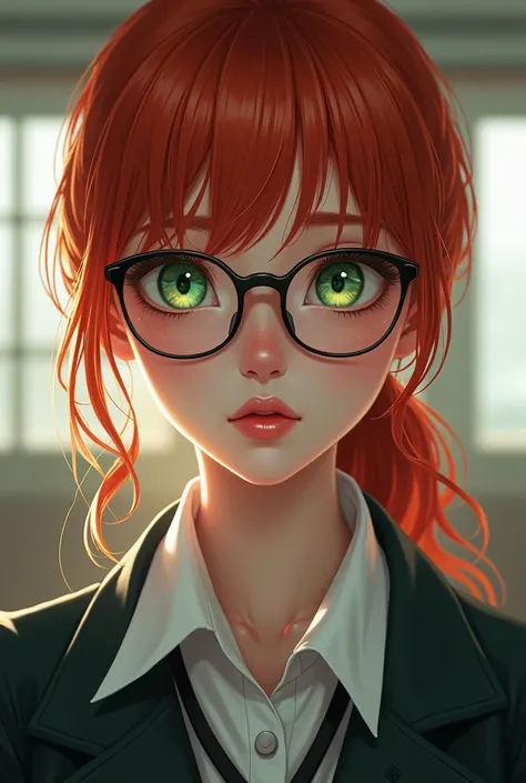 An impressive woman with red hair, green eyes, an innocent look, and sweet lips. There are freckles on her cheeks. She wears glasses. She wears a high school uniform. Ultra-realistic