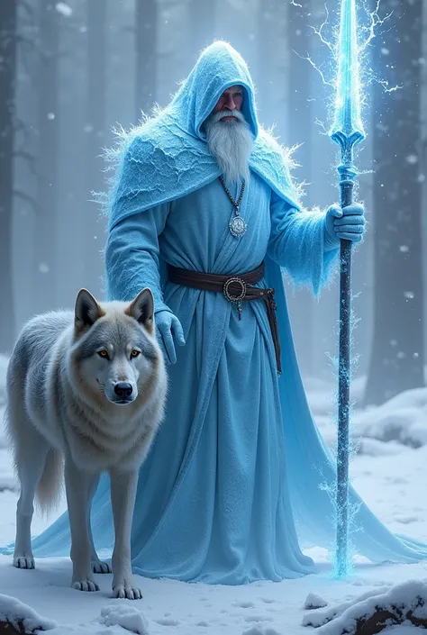 An arcane wizard of the ice element with shimmering ice armor and a spear that gives off ice magic and a giant gray wolf as a companion