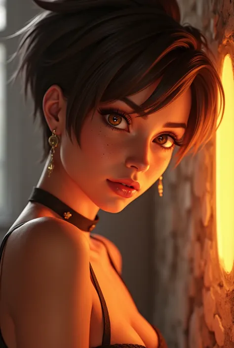 Tracer from Overwatch with freckles, in a sexy pose, masterpiece, photorealistic, highly detailed, cinematic lighting, warm color tones, glowing skin, detailed facial features, short hair Tracer style, intricate clthes patterns, dramatic shadows
