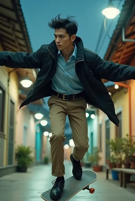 Japanese man, 20 years old, neat windblown hairstyle, thin body, thin face,The black parachute jacket was blown by the wind,A light blue formal shirt as the undergarment,Formal trousers in beige brown,Black sports shoes,Posing as if riding a skateboard on ...