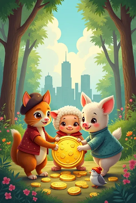  Make the cover of a book with 4 animal friends , anthropomorphic animals with clothes , A cute cat, a cuddly pig ,  cute sheep and a cute sparrow trying to get a golden coin in the middle of a forest/ background city.