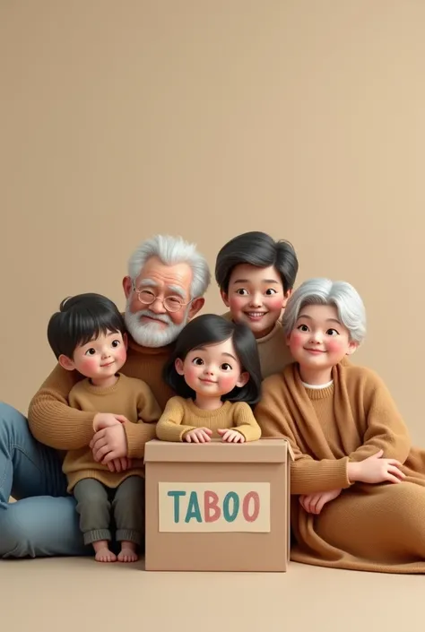 Create an image of a family of grandparents  , parents, grandren and great-grandparents on their backs and a box that says the word taboo only in pale pink, Beige and turquoise I want the beige background