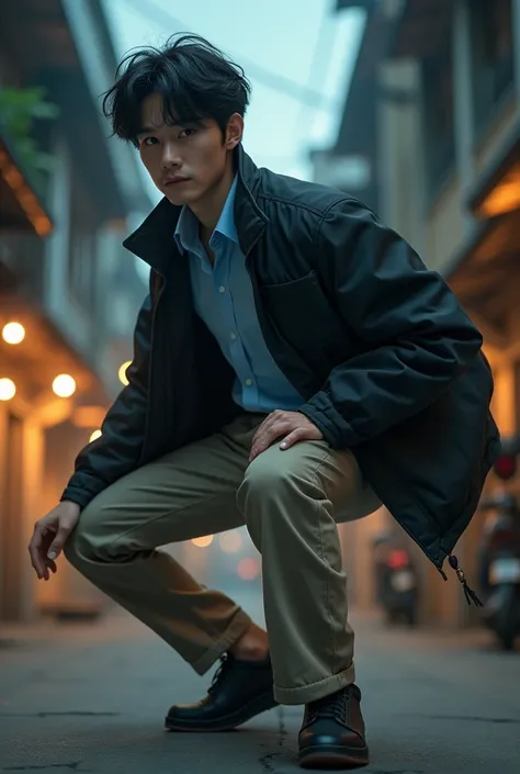 Japanese man, 20 years old, neat windblown hairstyle, thin body, thin face,The black parachute jacket was blown by the wind,A light blue formal shirt as the undergarment,Formal trousers in beige brown,Black sports shoes,Posing a little squat on a clump of ...