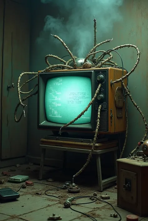 Old tv with virus legs cords wires 



