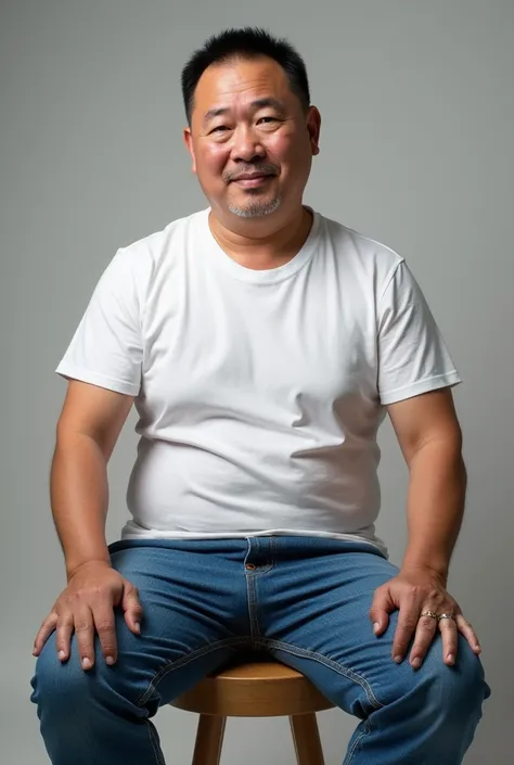 "A Mongolian man weighing 70kg, aged 50-55 years, sitting in a photo studio. He is wearing blue jeans and a white t-shirt, and the full body is included in the shot."
black hair
no beard
normal sit
The leg is fully inserted.
Lrg is full photo
Full body
Leg...