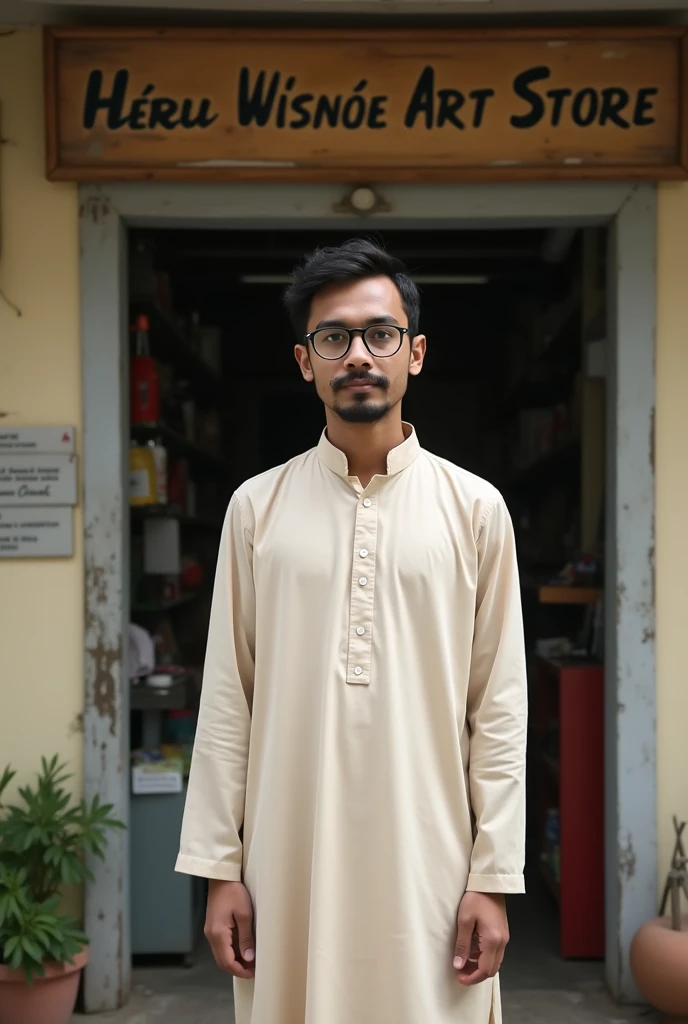 A teen age white Indonesia  wearing kameez shalwar and long mustache and average type beard and round glasses standing outside a Indonesia medical store and there is a board outside the shop which has written " Heru Wisnoe art store " on it.