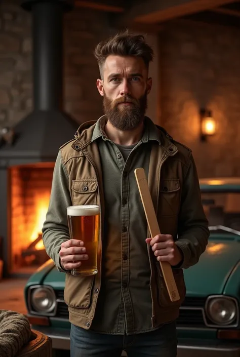 25-year-old forester with thin stubble beard with beer in and nail board in hand in front of an Opel Astra by the fireplace