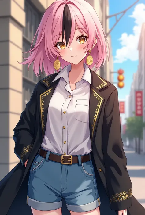  Light pink hair with a black lock, smooth hair ,  eyes like a coconut , round earrings, bermuda jeans, white blouse,  black coat with gold details ,  jujutsu kaisen style ,  anime style 