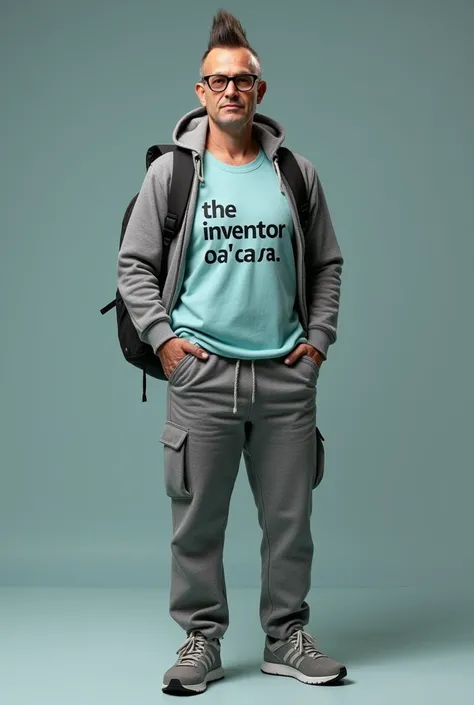 A man of about 45 years old with a toupee upwards and some gray sweatshirt , glasses, delgado, 1.80m, gray sports pants and running shoes with a backpack and a light blue tank top that says “the inventor and pa casa” in large letters