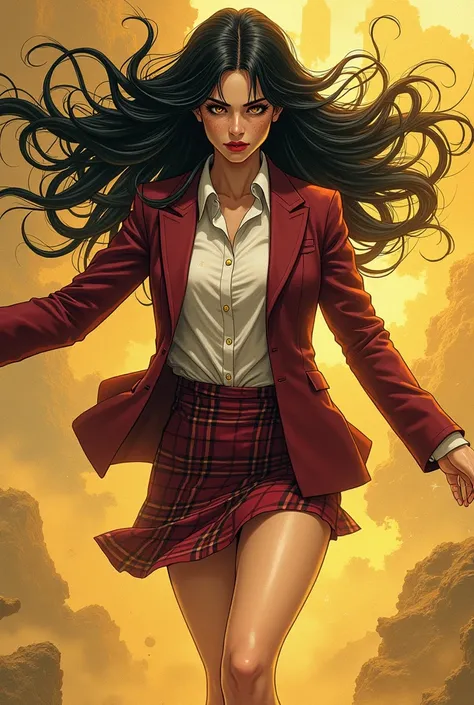  A woman with long black hair with golden locks and reflections golds all over the hair and bangs,  her hair is floating with the fog of magical golden sand ,  defiant golden eyes and fury .  red lips .  She is wearing a plain burgundy Blazer ,  white dres...