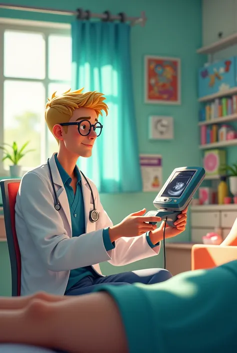 a guy with blond hair with glasses in a medical suit sits on a chair and does an ultrasound of the leg vessels of a girl in a Disney-style hospital 