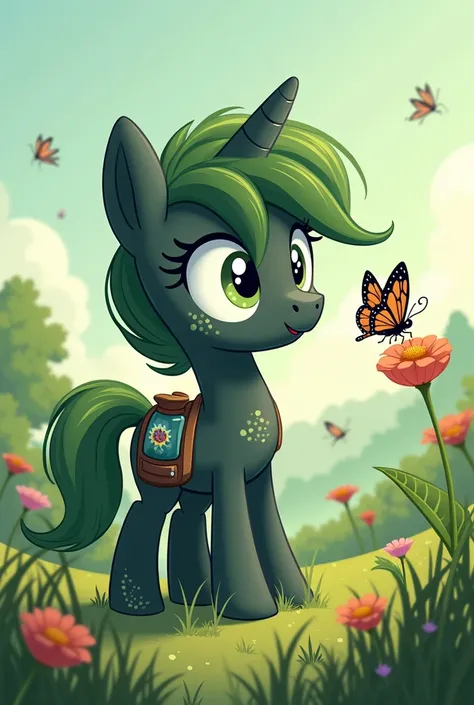 Mlp oc whos a bug collector with dark greenish gray colors and simple patterns in a cartoon style
