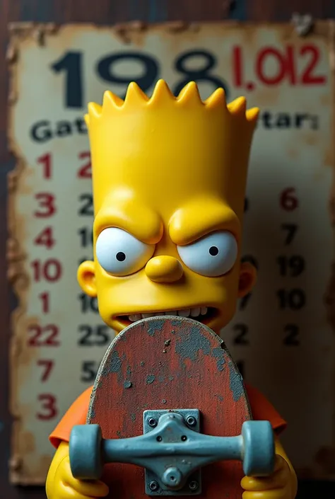 Um close-up de Bart Simpson,  with a malicious expression ,  holding a skateboard ,  while a calendar behind it marks the year “1989” and is torn. It seems unchanged ,  as if time had never passed .