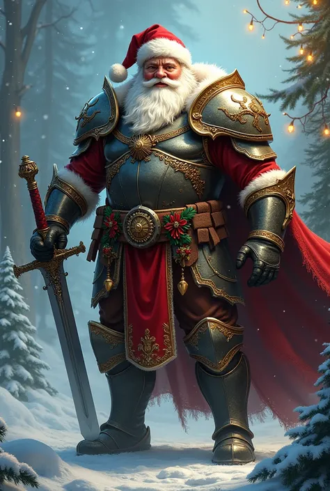 muscular Santa Claus ，Fatness，dressed in armor，with sword in hand , Christmas theme,epic armor