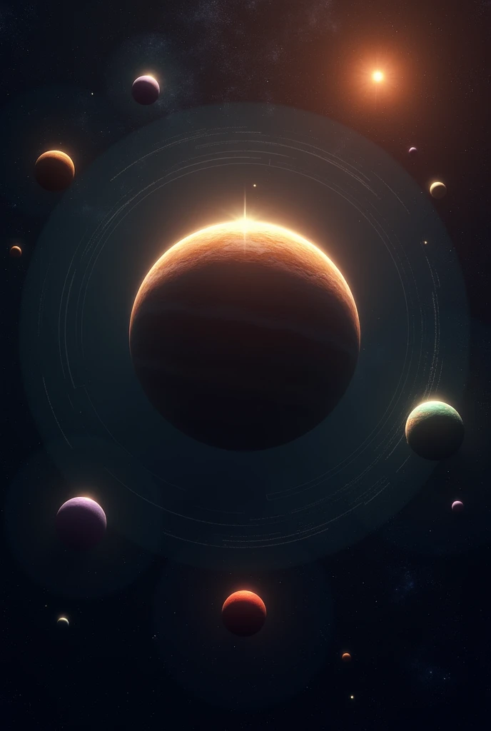 Solar system with a large planet in the middle ,  another 4 around with a dark aura surrounding them ,  and 3 other normal planets 1 white with green halves ,  another purple with half green and one red with half green, high resolution,  silhouette , 