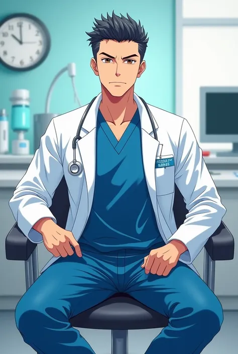 Doctor Boy Tall Short Hair Coffee Male Slim Fitt Confident in Blue Scrub Suit and White Coat Full of Confidence Sitting Dominant Anime 