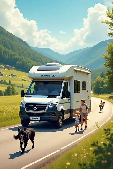 Family, father (45 years old), mother (41 years old) and a son (), with  black dog breton travelling in the Hymer motorhome through Germany on a hot sunny day