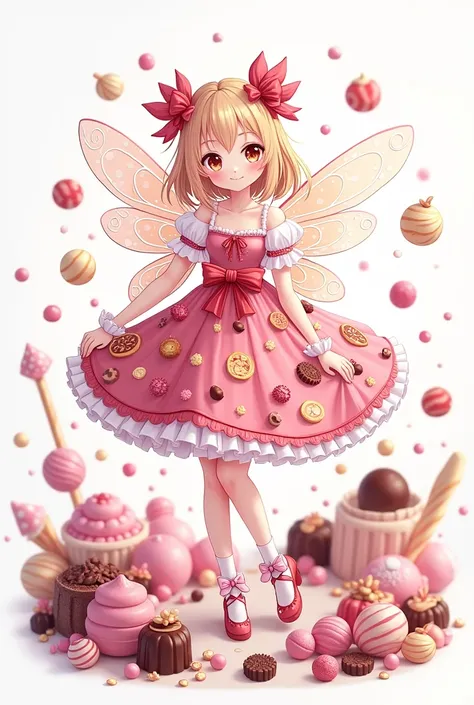  anime character , Fada,  wearing a cute dress with details of types of candies and chocolates, representando que ela é uma Fada dos doces, Totally white clothes with chocolates around