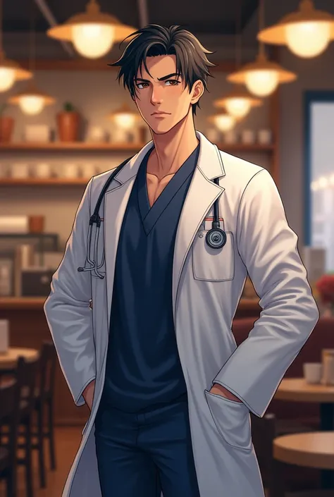 Boy doctor hair cafe fitt male tall slim scrib navy blue white coat full of dominant confidence 