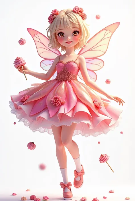  anime character , Fada,  wearing a cute dress with details of types of candies and chocolates, representando que ela é uma Fada dos doces, Totally white clothes with chocolates around. Exclude pink color from the dress and keep the candy