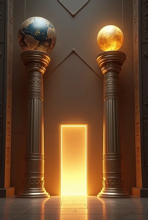 Two Egyptian-style columns on which ,  spheres rest the right column is made of silver and the sphere above it has the stars of the sky ,  the left column is made of gold and the sphere it supports represents planet Earth .  In the middle of the two column...