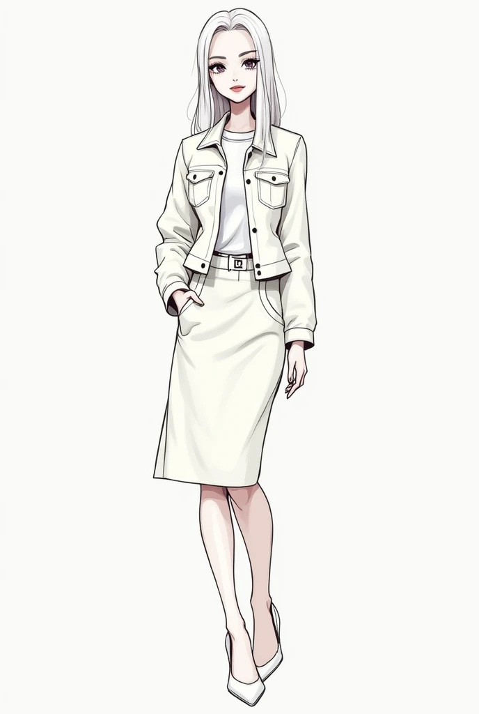 "Please, Create a drawing of a fashion figure of faith showing a set consisting of a jacket and a skirt.  The jacket must have a front closure ,  chest pockets and long sleeves with a straight cut .  The jacket must be of a light color must be of a high wa...