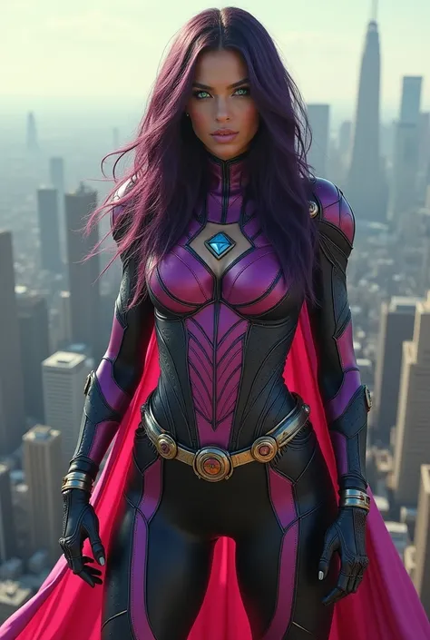 A towering, athletic ant-heroine with long, dark purplish hair and piercing bright green eyes, stands confidently against a cityscape backdrop. She dons a striking, modified superhero costume, embodying a blend of strength and grace. The costume, a vibrant...