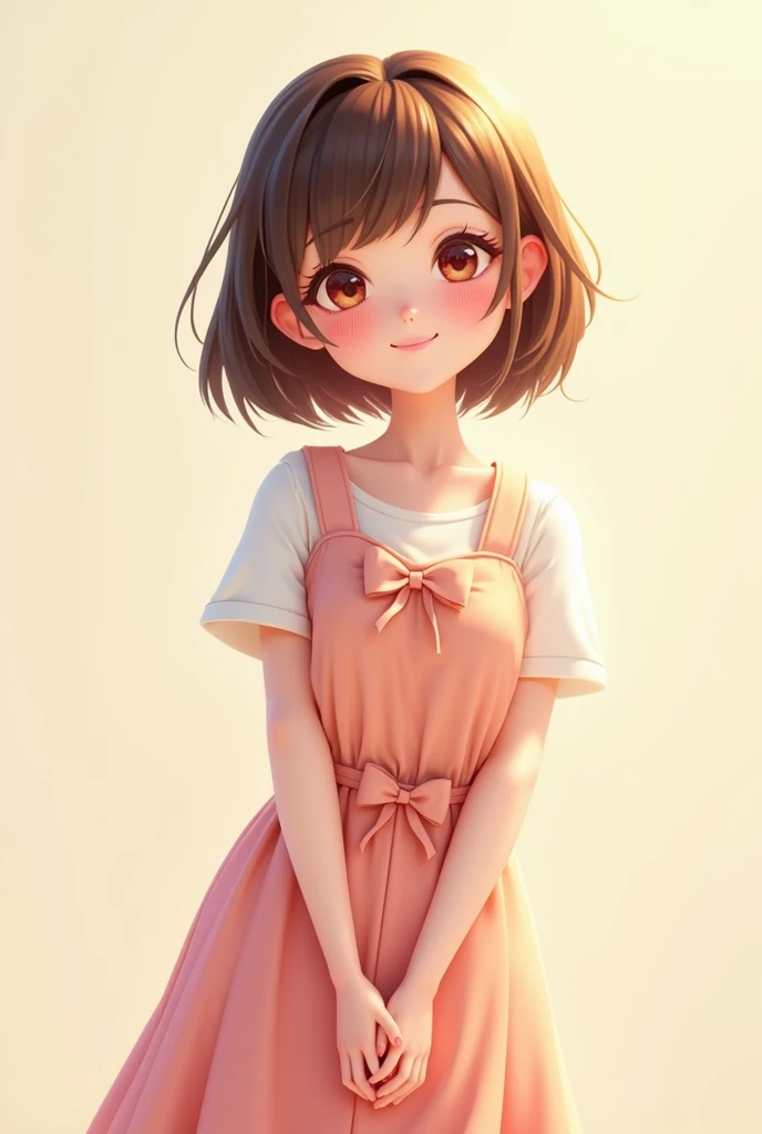 create an avatar of a loving girl, short rounded hair, brown eyes, pink lips, happy, , dressed in a gode skirt with a bow