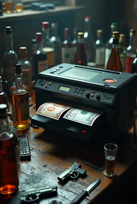  A printer printing euro and dollar bills, With some drinks and weapons around.