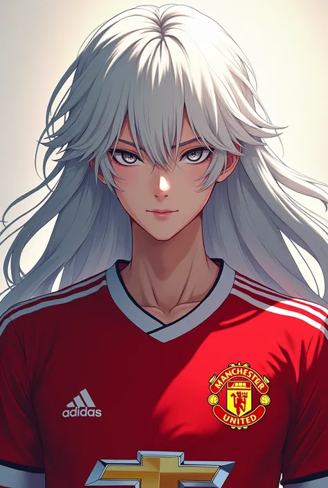 Generate me the image of Gojo wearing Manchester united jersey