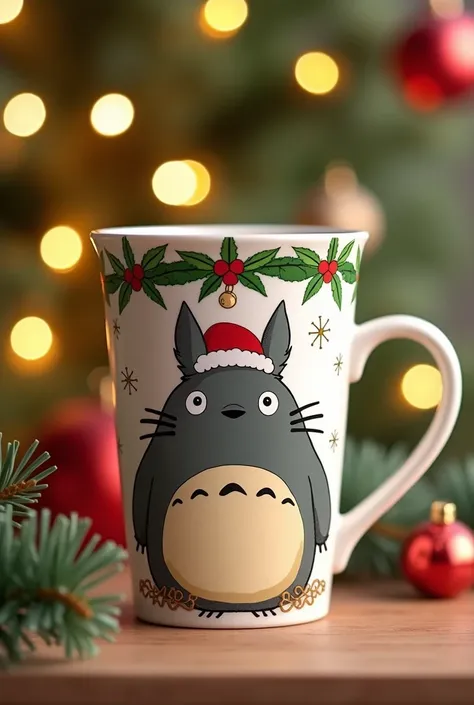 Create a cup with a totoro with the name Dana on the cup, everything with Christmas decoration ,  with more Christmas decoration in the background and yellow lights 