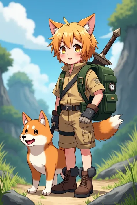 anime, chico, s,  with dog ears and tail Akita , orange eyes,  light brown hair,  beige explorer clothing ,  military green backpack with a hanging compass, shorts cortos, brown exploration boots ,  light black work gloves ,  sword sheathed on the back 